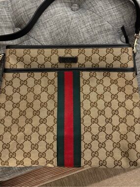Gucci Beige/Brown Monogram Shoulder Bag with Red & Green Stripe